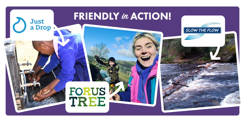 charity partnerships with just a drop, forus tree and slow the flow