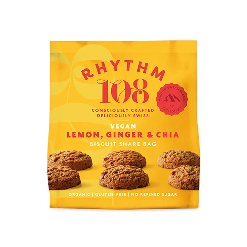 Rhythm 108 Tea Biscuit - Lemon Ginger & Chia Sharing Bag 135g