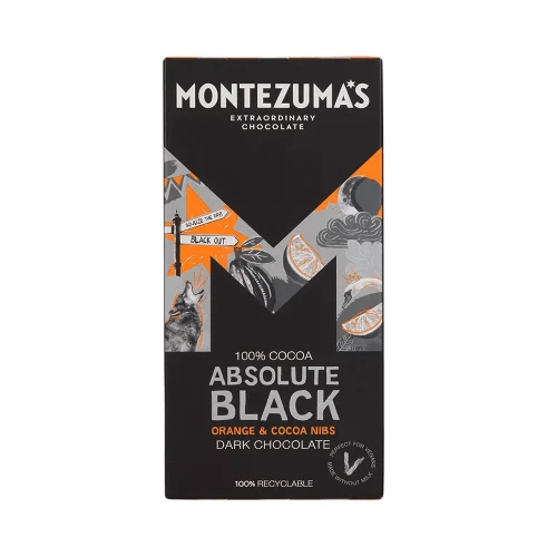 Montezuma's Chocolate 100% Cocoa Absolute Black with Orange & Cocoa Nibs 12 x 90g
