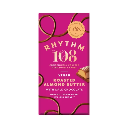 Rhythm 108 Vegan Roasted Almond Butter Bar M'lk Choc 9 x 100g