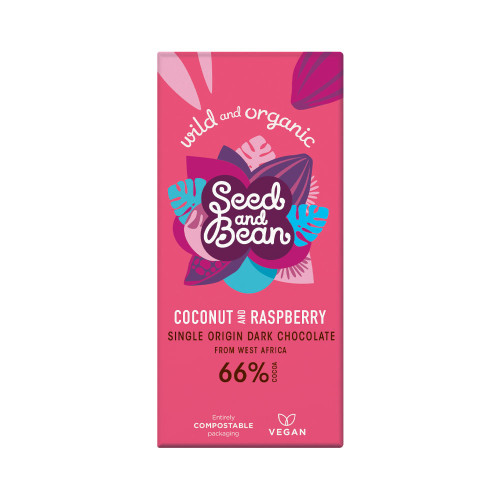 Seed and Bean 66% Extra Dark Chocolate with Coconut & Raspberry 75g