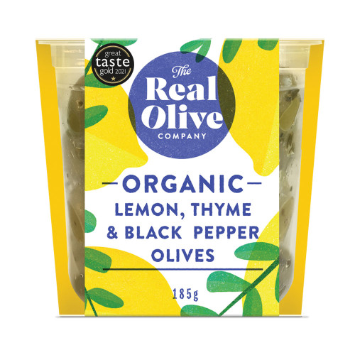 Real Olive Company Lemon Thyme & Black Pepper Pitted Olives in Oil 6 * 150g