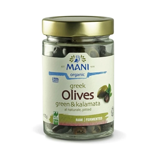 Mani Organic Green & Kalamata Pitted Olives al Naturale 6 * 175g