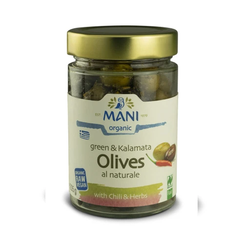 Mani Organic Green & Kalamata Olives with Chilli & Herbs 6 * 205g