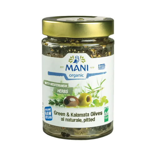 Mani Organic Mixed Olives al Naturale with Mediterranean Herbs 175g