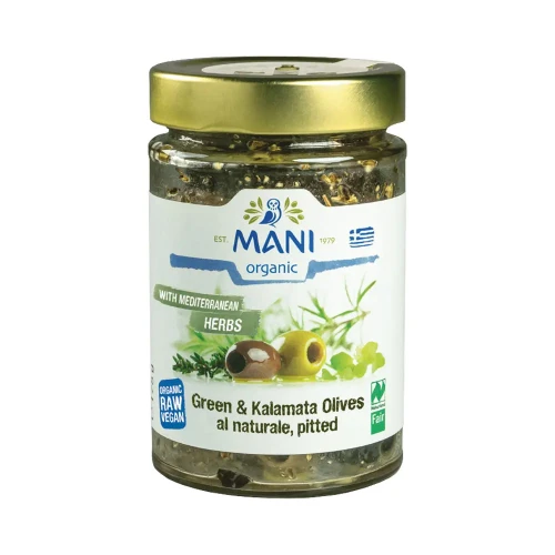 Mani Organic Mixed Olives al Naturale with Mediterranean Herbs 175g