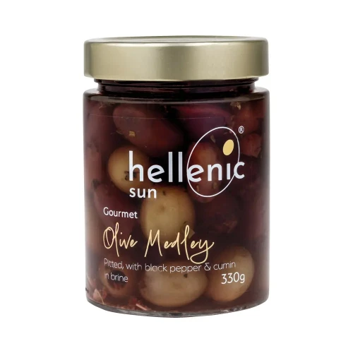 Hellenic Sun Pitted Olive Medley with Black Pepper and Cumin 6 x 330g