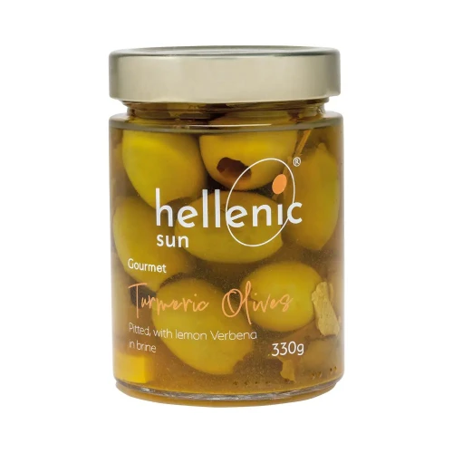 Hellenic Sun Pitted Jumbo Green Turmeric Olives + Lemon Verbena 6 x 330g