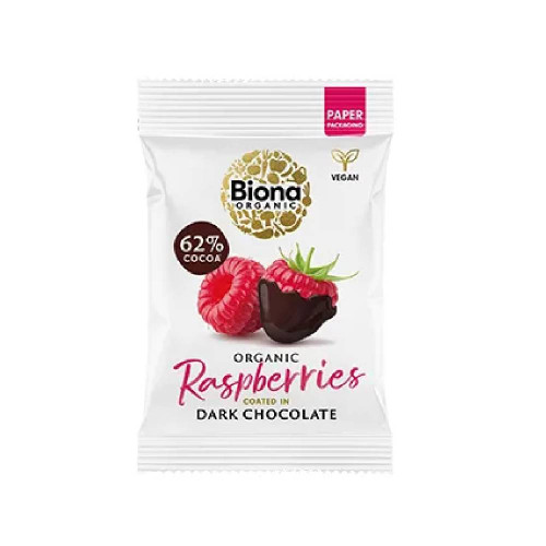 Biona Organic Raspberries Coated in Dark Chocolate 30g