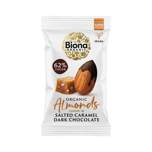 Biona Organic Almonds Coated in Salted Caramel Dark Chocolate 30g