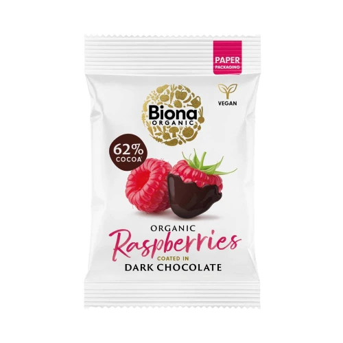 Biona Organic Raspberries Coated in Dark Chocolate 30g