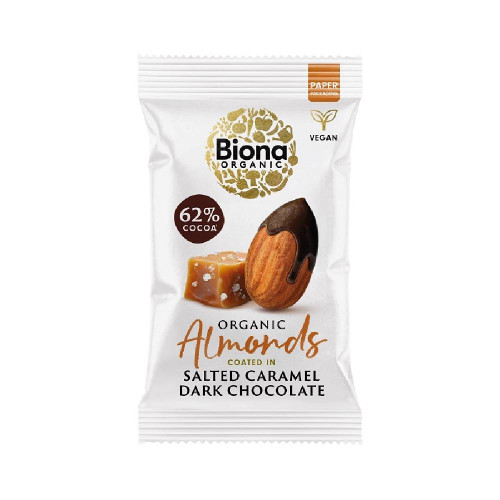Biona Organic Almonds Coated in Salted Caramel Dark Chocolate 30g