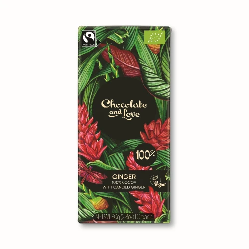 Chocolate and Love Ginger 100% Cocoa with Candied Ginger Bar 80g