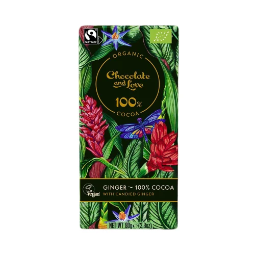 Chocolate and Love Ginger 100% Cocoa with Candied Ginger Bar 80g