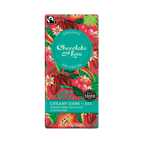 Chocolate and Love Creamy Dark 55% Creamy Dark Chocolate & Cacao Nibs Bar 80g