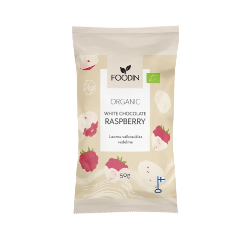 Foodin Raw White Chocolate Coated Raspberries 50g