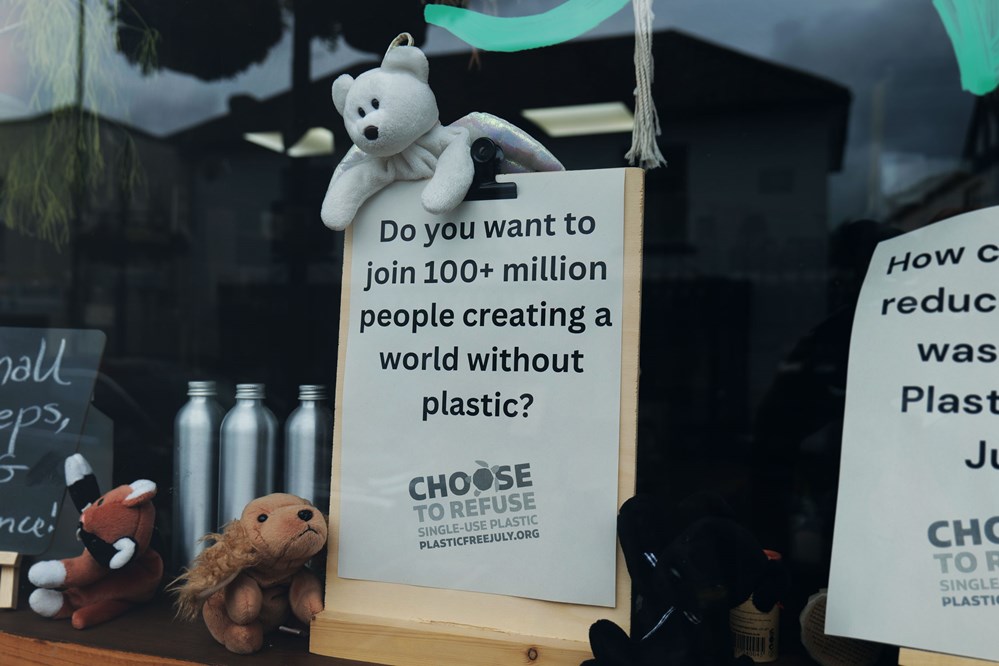 Plastic Free July shop window display at Simply Green