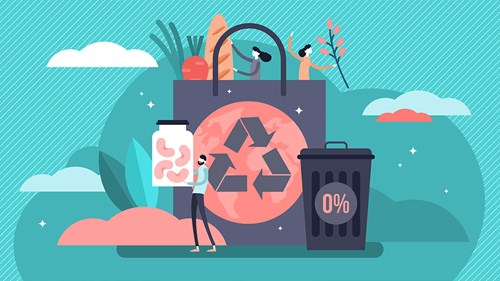 graphic design of shopping bag with recycling logo and a man holding a jar of beans